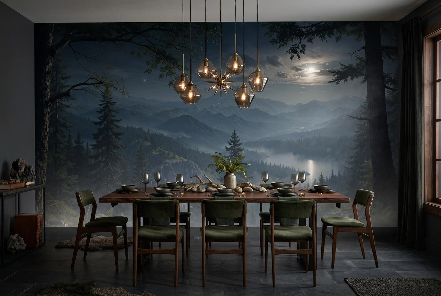 Dark Forest and Mountains in the Moonlight