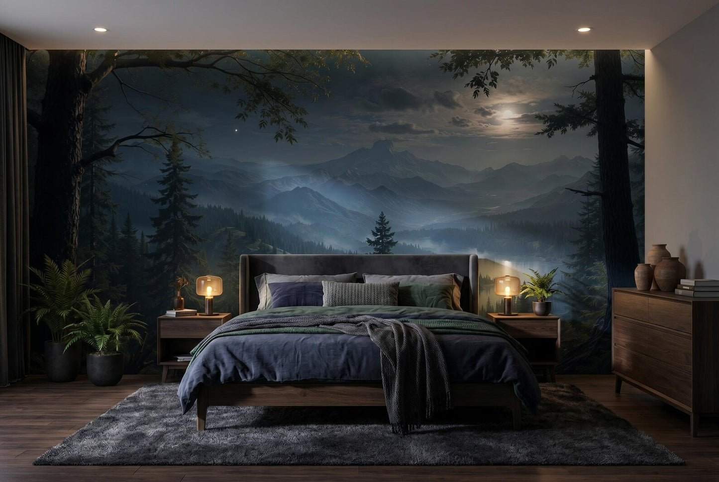 Dark Forest and Mountains in the Moonlight
