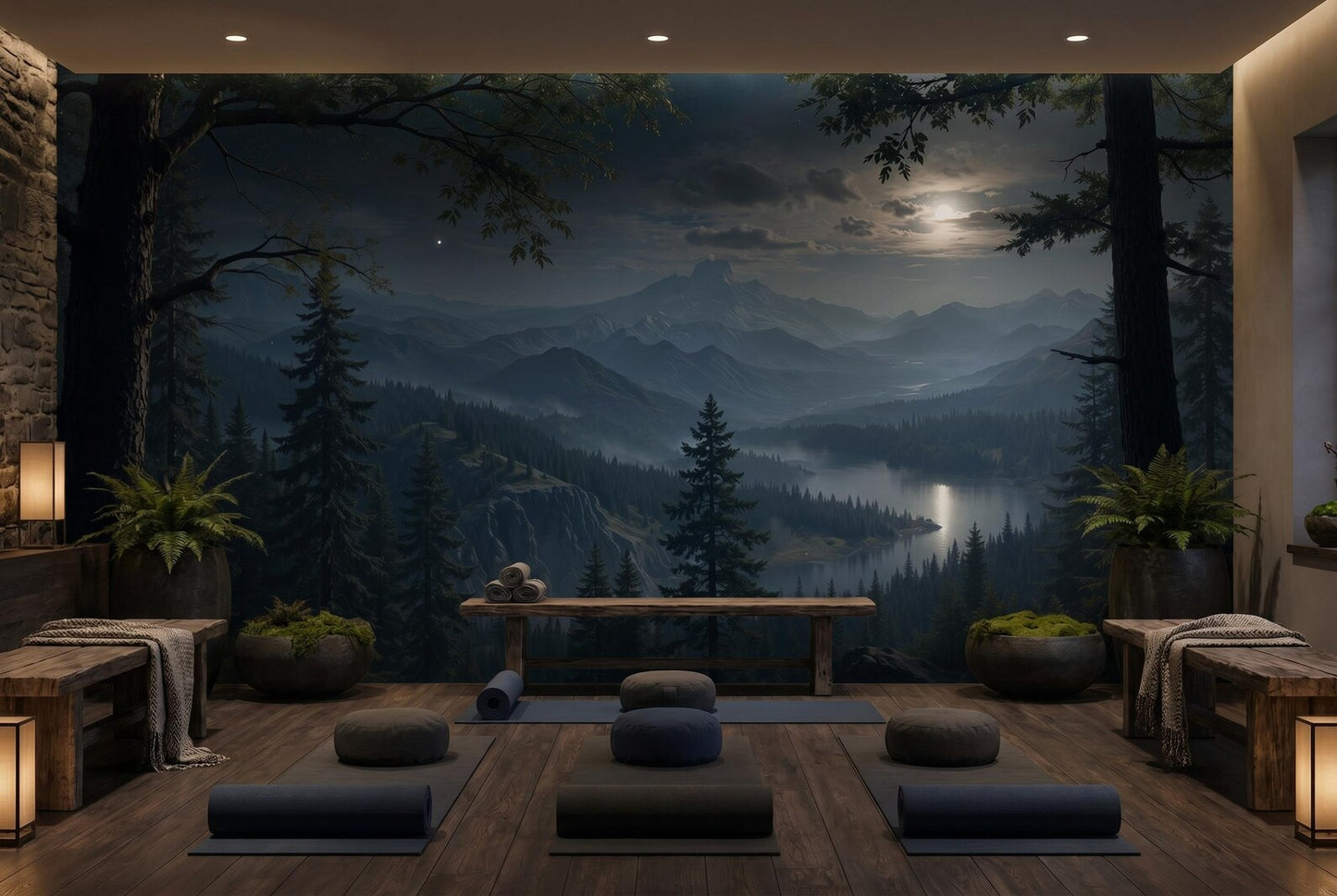 Dark Forest and Mountains in the Moonlight