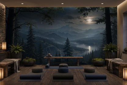 Dark Forest and Mountains in the Moonlight