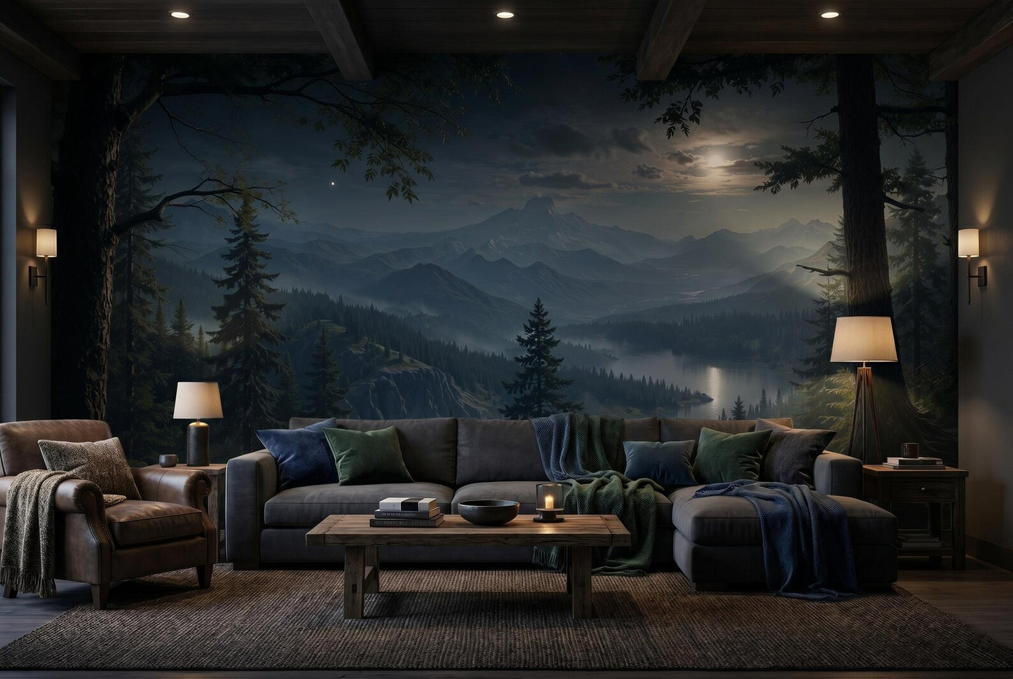Dark Forest and Mountains in the Moonlight