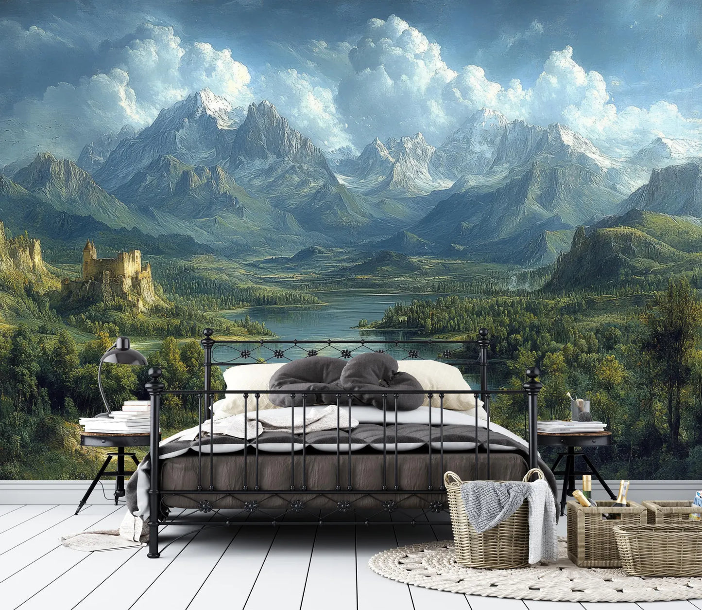 Paisaje Lago, Castillo y Montañas