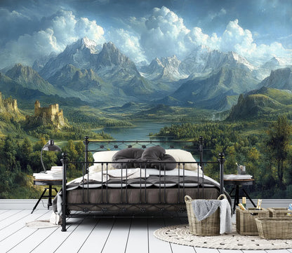 Paisaje Lago, Castillo y Montañas