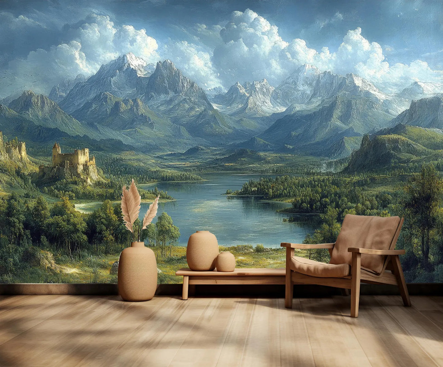Paisaje Lago, Castillo y Montañas