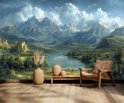 Paisaje Lago, Castillo y Montañas