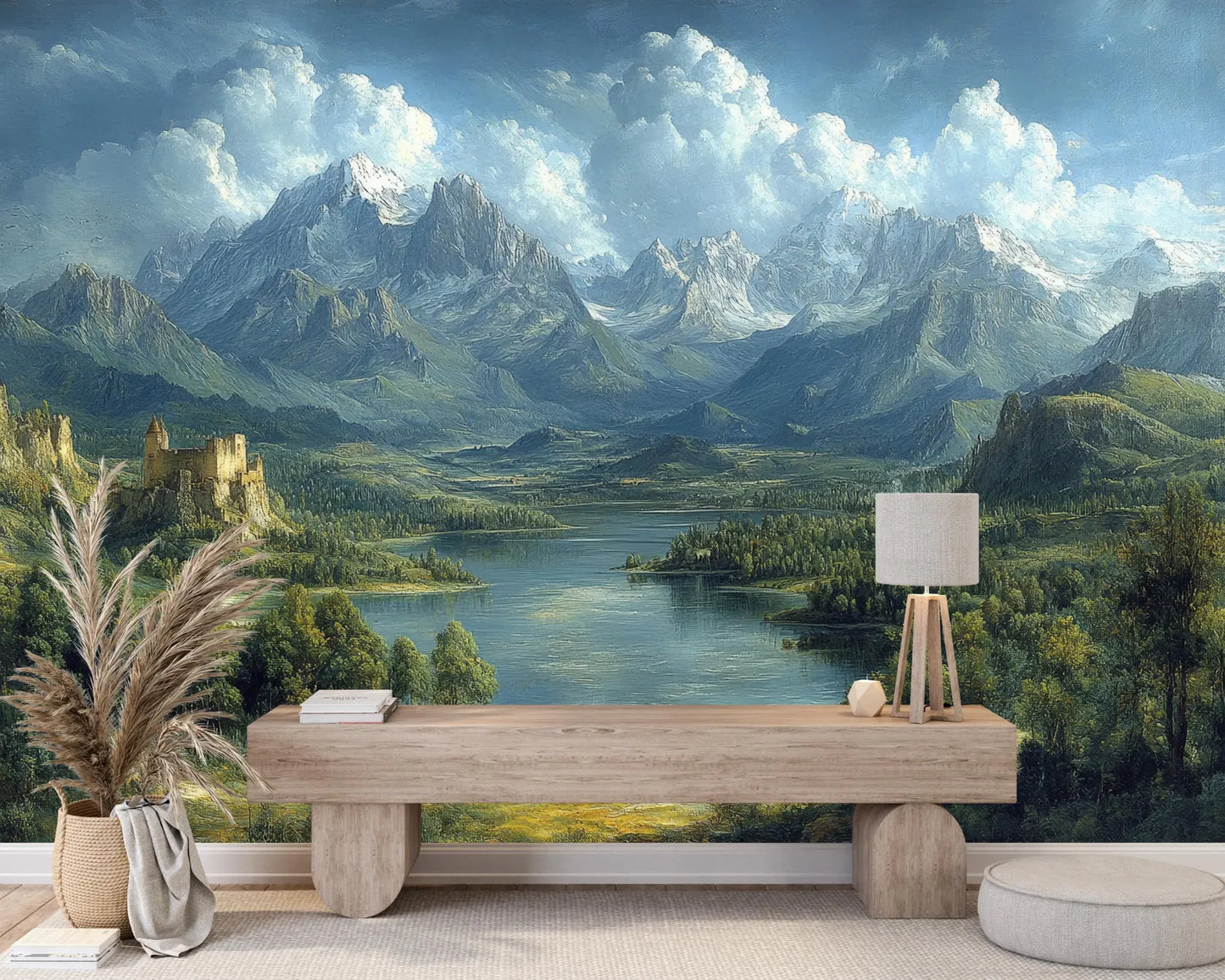 Paisaje Lago, Castillo y Montañas
