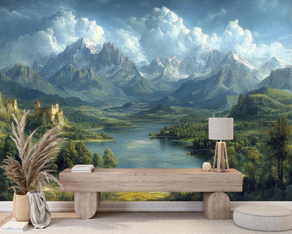 Paisaje Lago, Castillo y Montañas