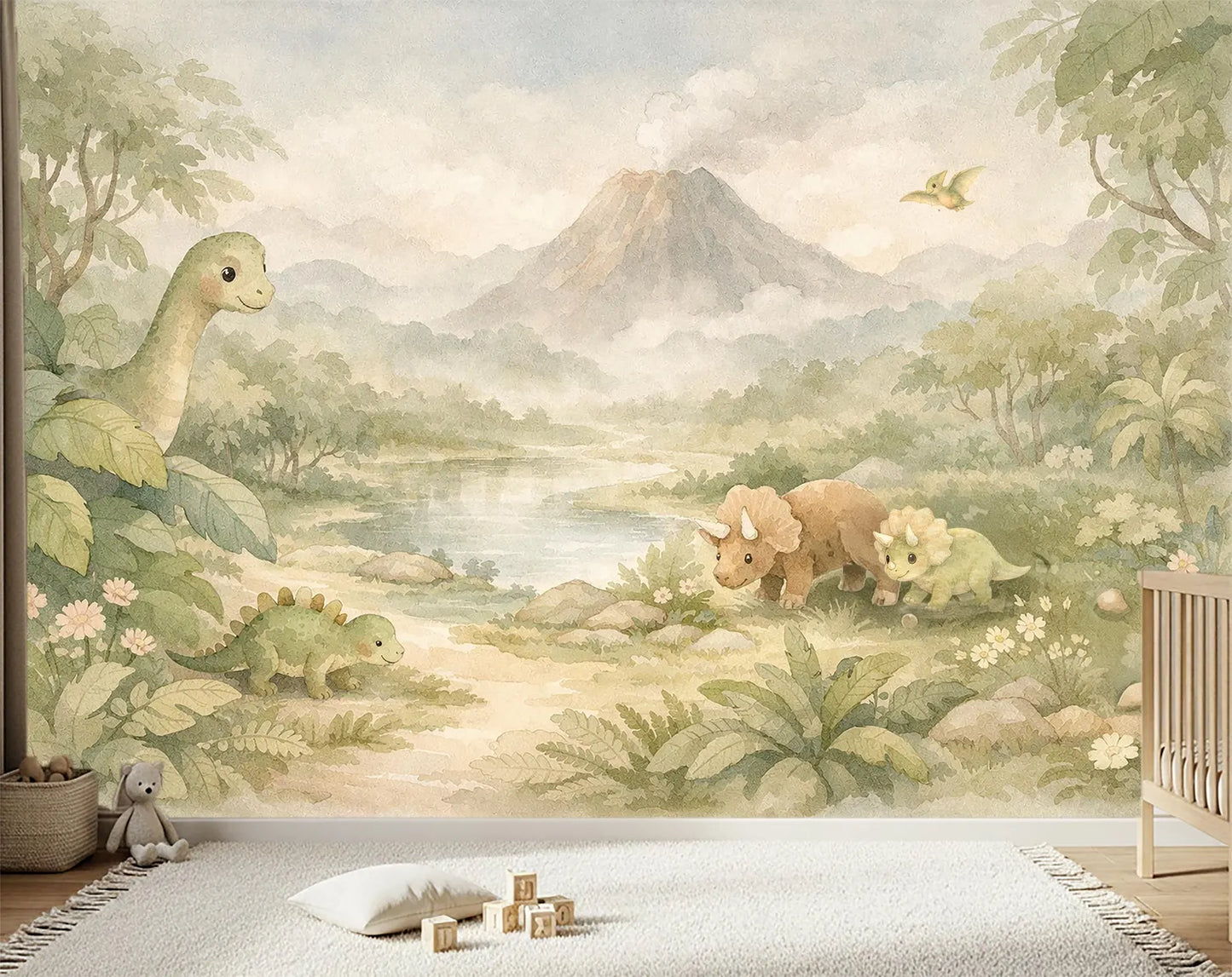 Acuarela Dinosaurios y Volcán