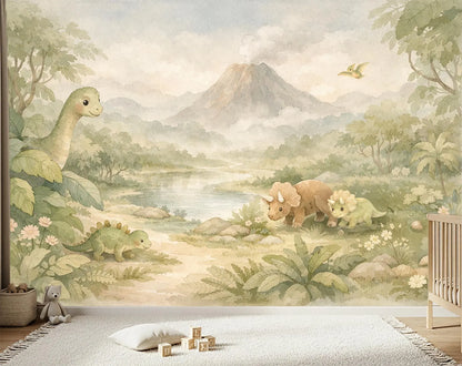 Acuarela Dinosaurios y Volcán