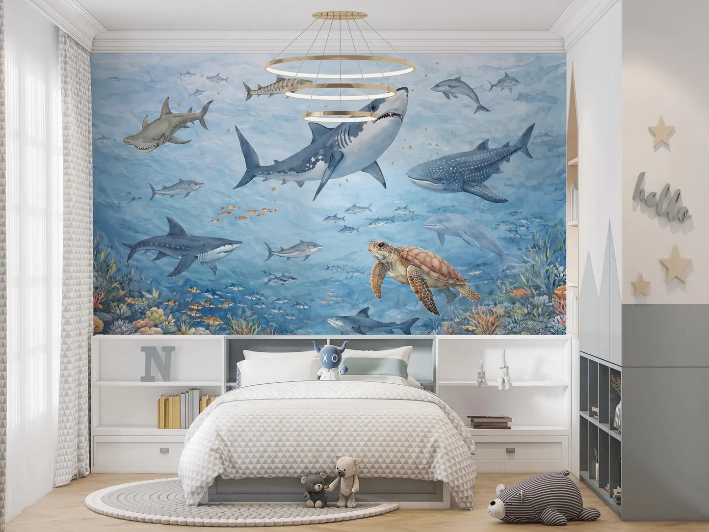 Acuarela Tiburones, Ballena y Tortuga Marina