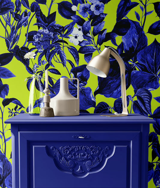 Flores y Plantas Azul Fondo Verde Acido