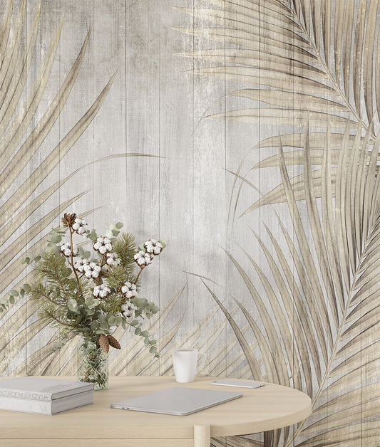 Tablones de Madera y Hojas Tropicales
