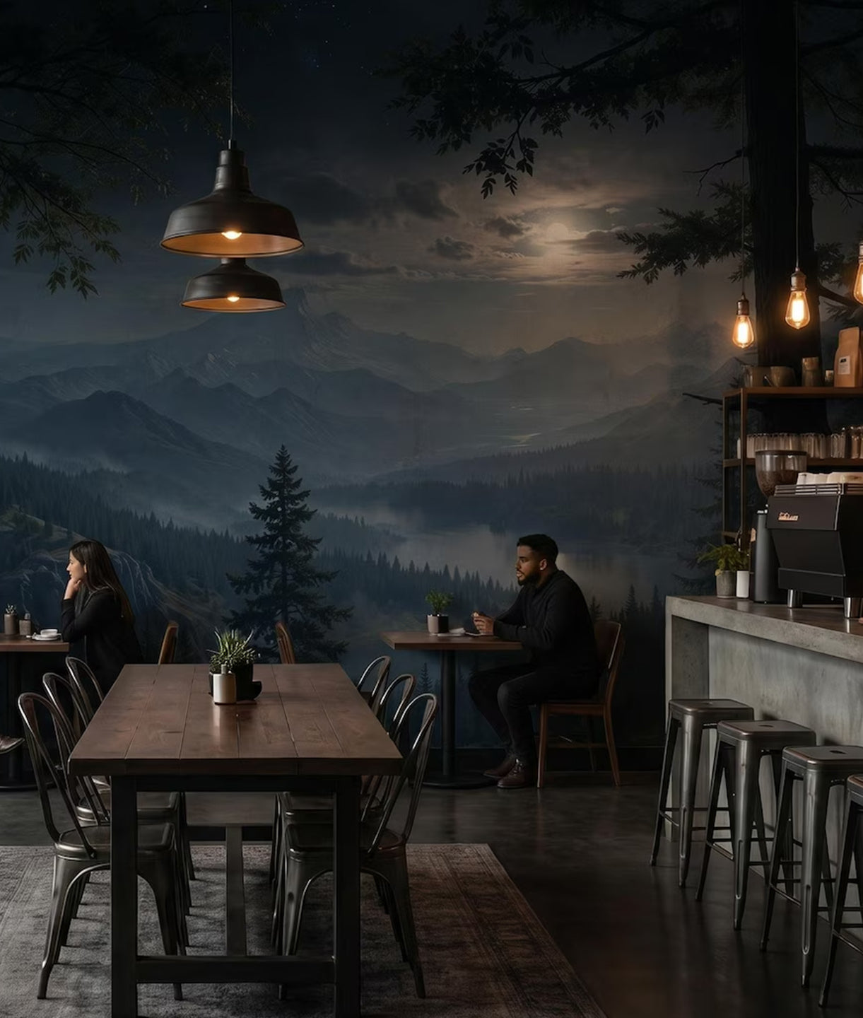 Dark Forest and Mountains in the Moonlight