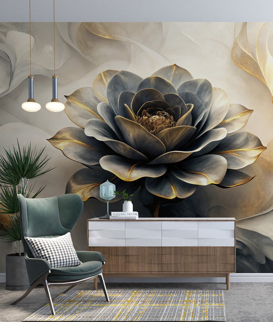 Muro Marmoleado con Rosa Gris Toques Dorados