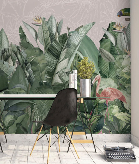 Paisaje Plantas Tropicales, Aves y Flamingos