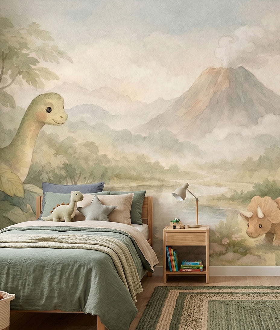 Acuarela Dinosaurios y Volcán