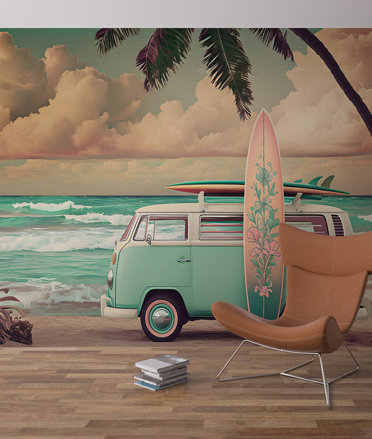 Ilustración Combi y Surfboard en la Playa