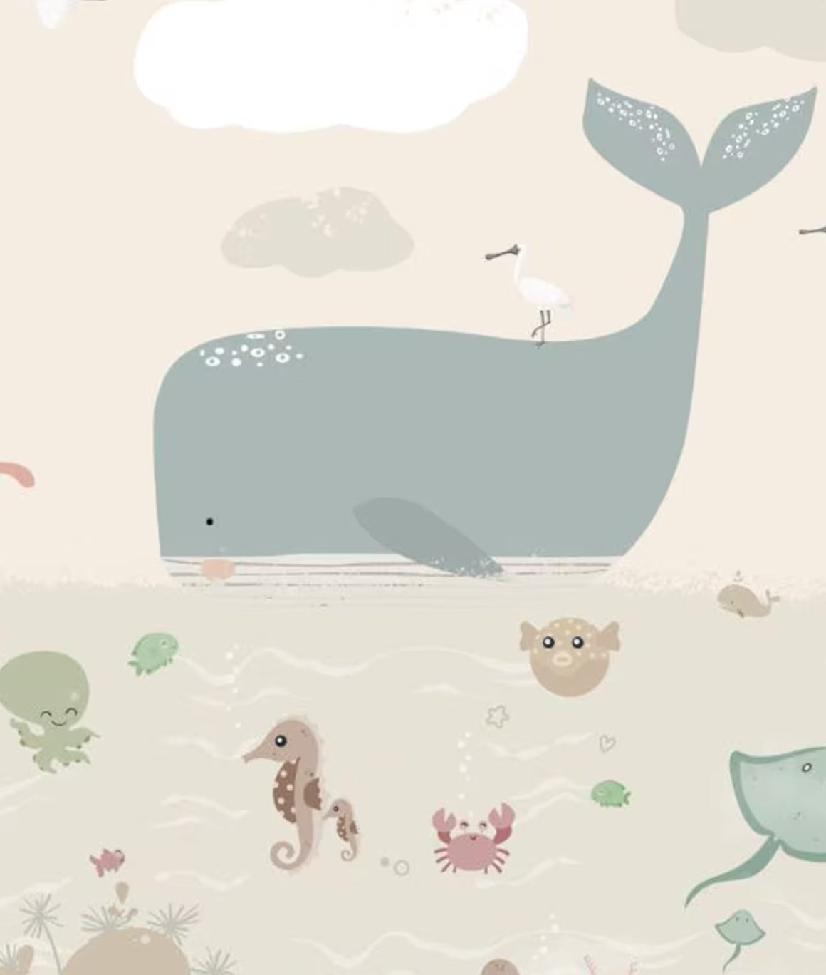Ilustración Simpática Ballena y Animales Marinos