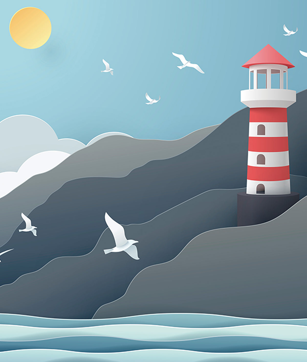 Paper-Cut Style Lighthouse & Seagulls