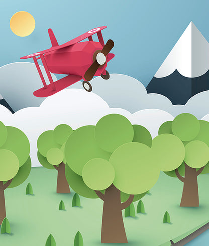 Paper-Cut Style Bi-Plane & Mountains