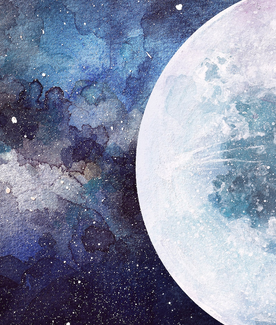 Luna y Espacio Estrellado Acuarela
