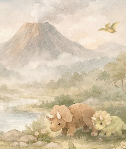 Acuarela Dinosaurios y Volcán