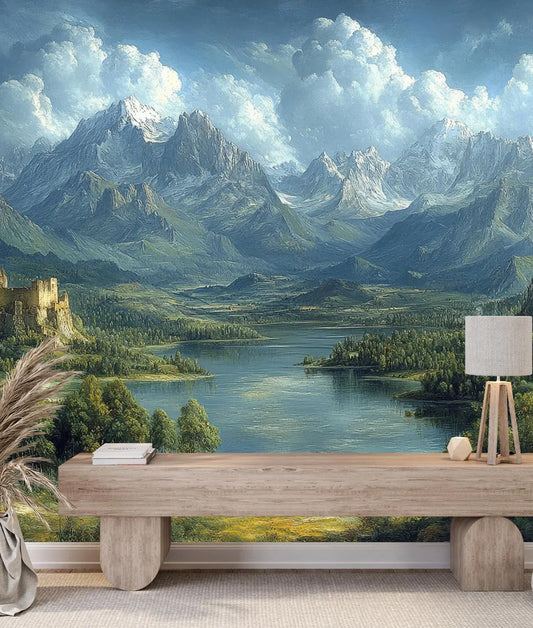Paisaje Lago, Castillo y Montañas