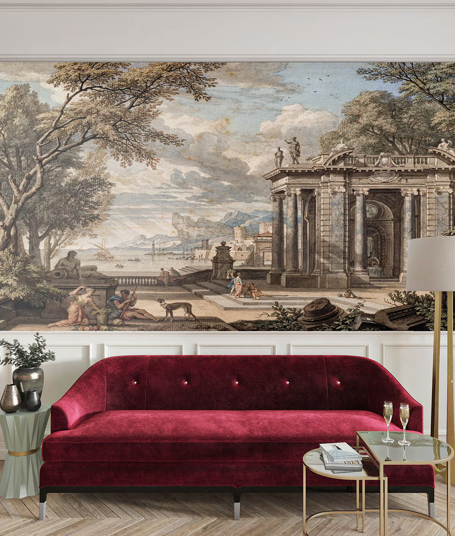 Vintage Landscape Painting of Italian Architecture
