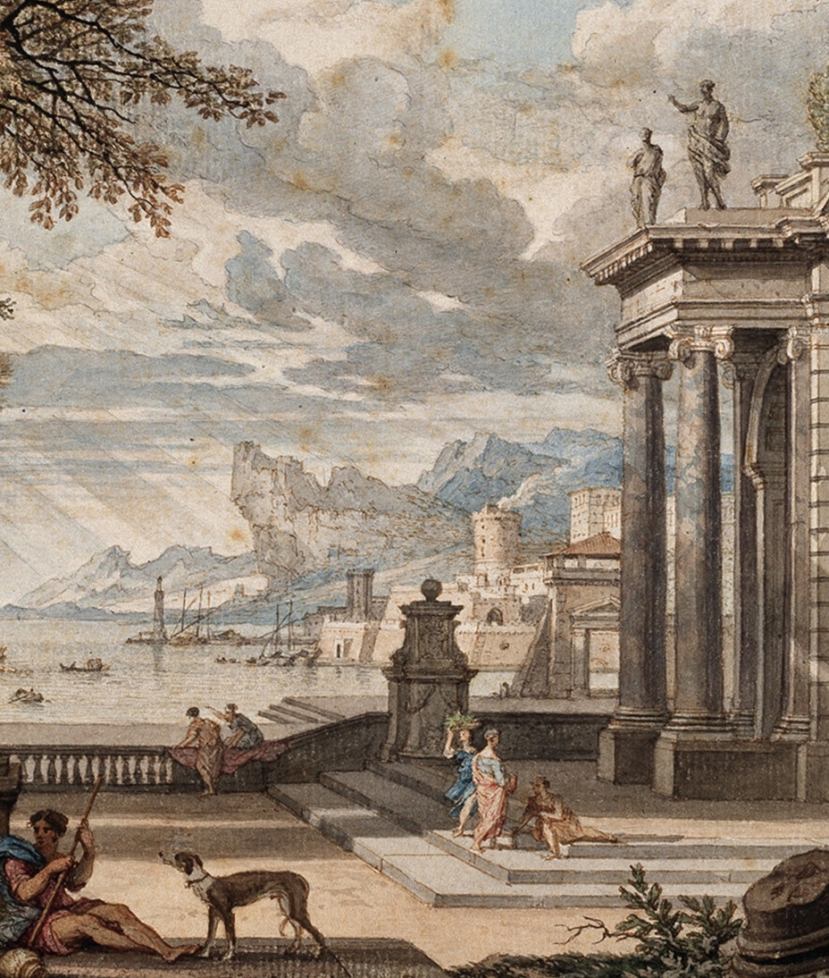 Vintage Landscape Painting of Italian Architecture